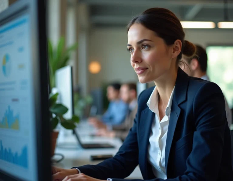 Professionnelle analysant une stratégie digitale sur mesure devant un tableau de bord analytique dans un bureau moderne