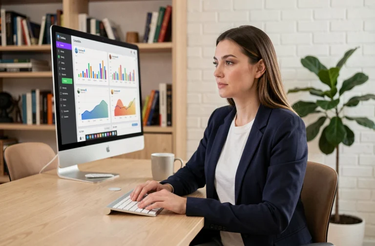 Femme entrepreneure analysant des tableaux de bord marketing digital sur un écran d'ordinateur dans un bureau moderne
