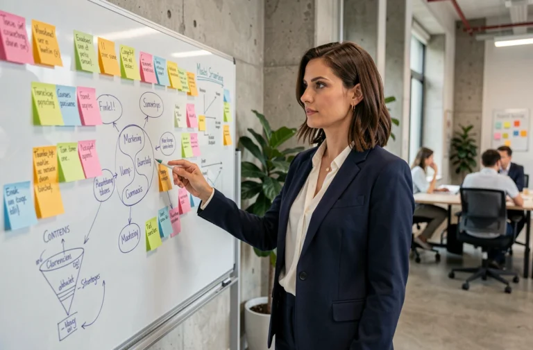 Femme cadre en entreprise présentant une stratégie de marketing digital sur un tableau blanc dans un bureau moderne