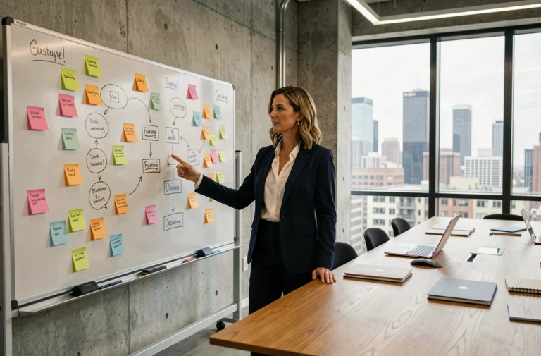 Stratège marketing féminine devant un tableau blanc avec des schémas de stratégie et d'entonnoir de vente dans un bureau moderne