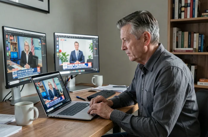 Homme regardant la télévision en streaming légal sur ordinateur dans un bureau à domicile