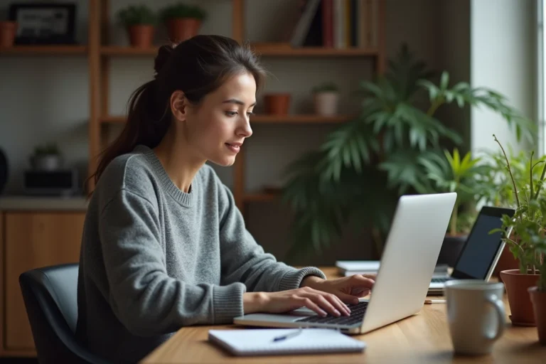 Femme supprimant son compte Le Bon Coin sur un ordinateur portable dans un bureau à domicile