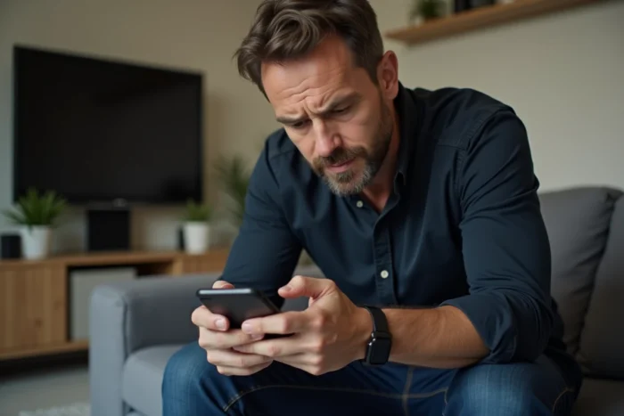 Homme supprimant son compte Le Bon Coin sur smartphone depuis son salon