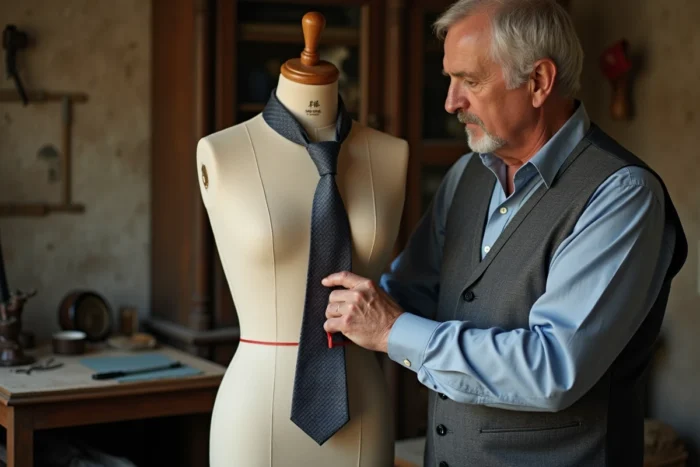 Tailleur mesurant la hauteur d'une cravate sur un mannequin en bois dans un atelier de confection traditionnel