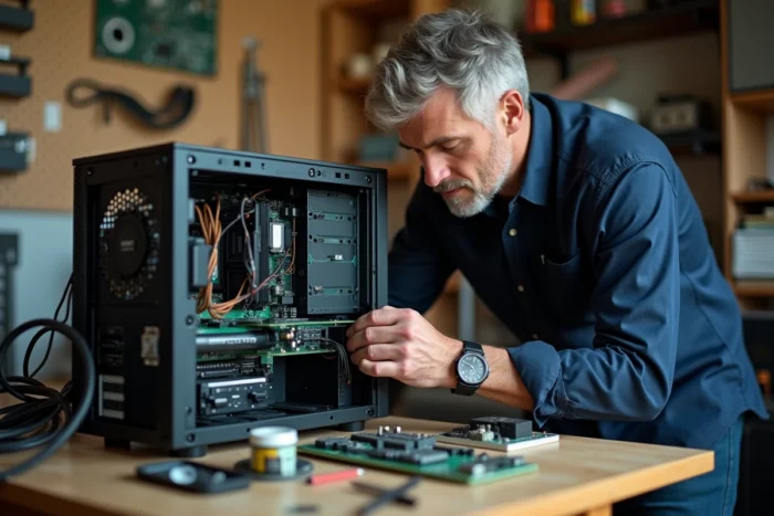 Technicien informatique assemblant les composants d'un ordinateur de bureau dans un atelier maison équipé