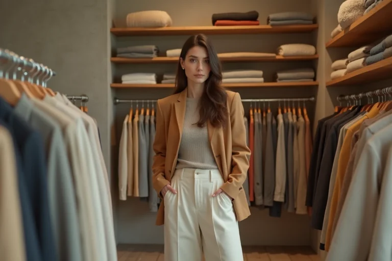 Femme élégante en blazer camel oversize feuilletant des vêtements dans une boutique de mode parisienne minimaliste