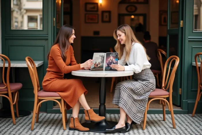 Deux femmes élégantes en tenues tendance discutant d'un magazine de mode dans un café parisien au décor vintage