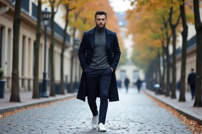 Homme tendance en trench coat marine marchant sur un boulevard parisien pavé aux arbres aux couleurs d'automne