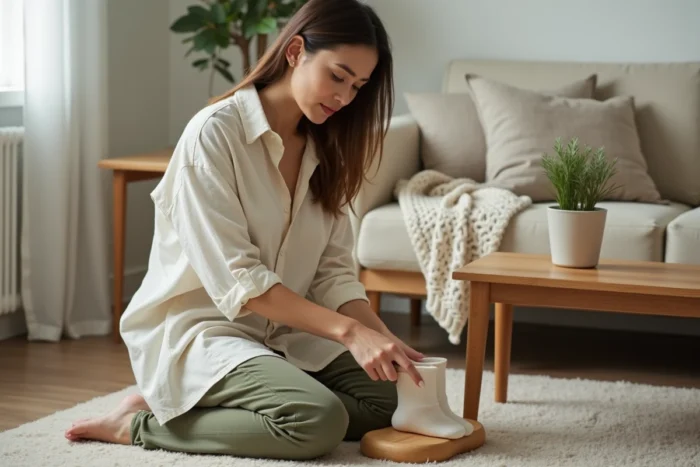Femme utilisant un tendeur de chaussettes en bois pour élargir une chaussette humide dans un salon cosy et décoré simplement