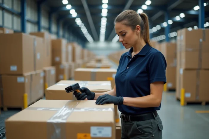 Préparatrice de commande scannant un colis dans un entrepôt logistique Amazon lors d'un test pratique de recrutement