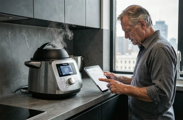 Homme utilisant un Thermomix dans une cuisine urbaine moderne avec écran tactile et vapeur de cuisson
