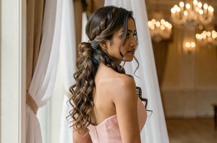 Femme coiffée de torsades latérales rassemblées en chignon flou pour un mariage