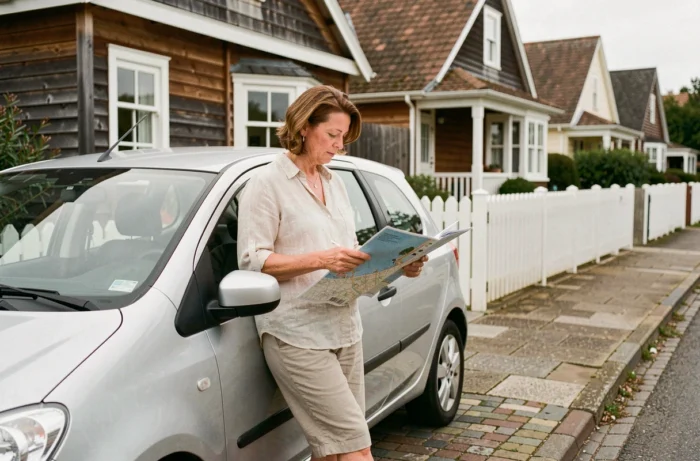Femme consultant une carte touristique dans une rue résidentielle calme d'Arcachon avec villas en bois typiques