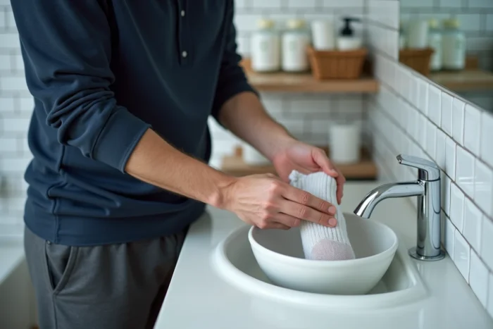 Homme trempant des chaussettes en coton dans un bol d'eau au-dessus d'un lavabo de salle de bain pour les assouplir et les élargir