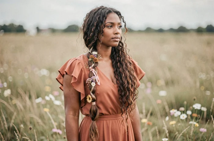 Femme aux longs cheveux bouclés coiffée d'une tresse bohème épaisse ornée de fleurs pour un mariage