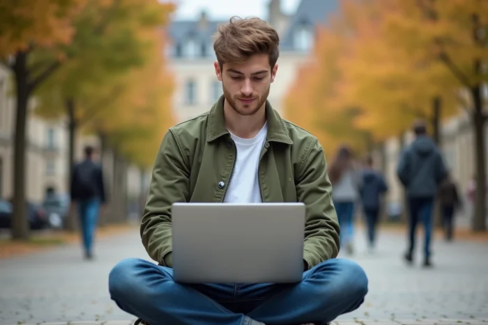 Étudiant consultant la messagerie académique Zimbra de Nantes sur un campus universitaire en plein air à l'automne