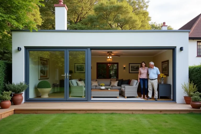 Véranda en kit aluminium et verre anthracite installée sur une maison individuelle avec jardin, vue extérieure grand angle