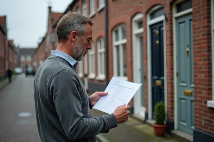 Homme vérifiant le registre foncier devant une maison en briques belge typique