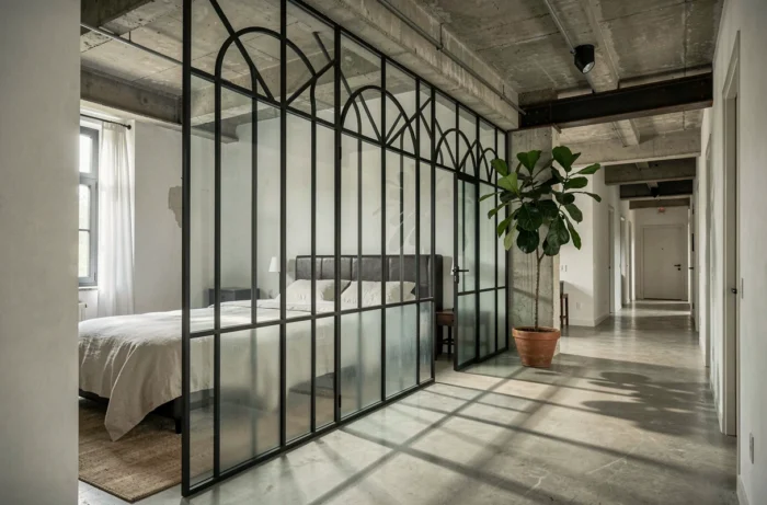Verrière art déco sol plafond avec arcades et verre dépoli dans un loft industriel rénové séparant chambre et couloir