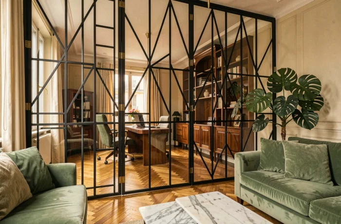 Verrière art déco en acier et verre séparant un salon et un bureau dans un appartement parisien avec parquet en chevrons