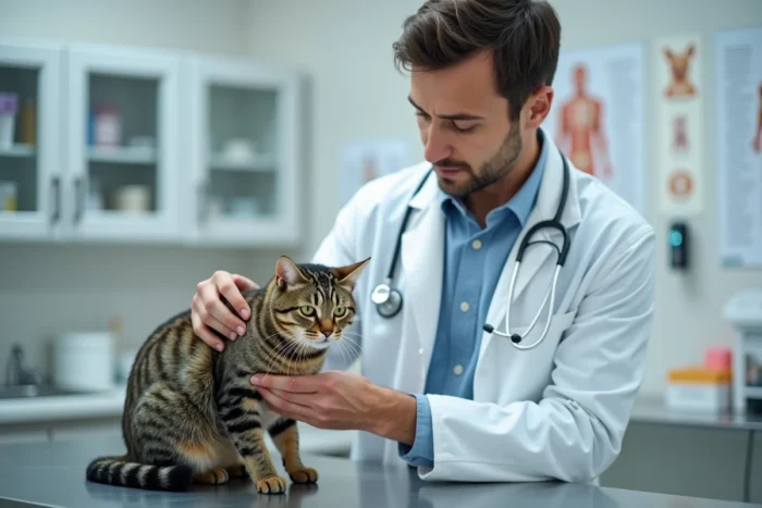 Vétérinaire examinant un chat tigré dans une clinique vétérinaire moderne, représentant les soins couverts par une assurance santé animale