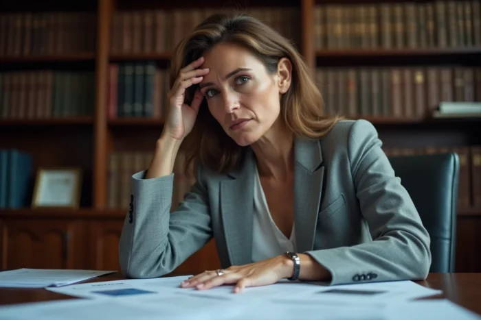 Femme victime d'un traumatisme crânien consultant des documents juridiques dans un cabinet d'avocat
