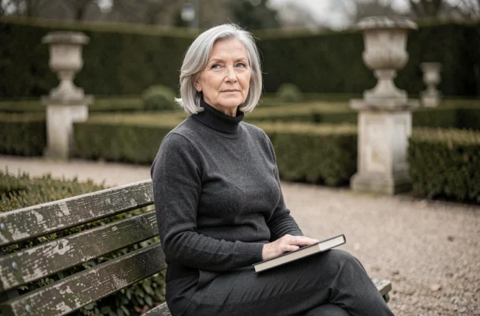 Femme posée et élégante assise sur un banc dans un jardin français, symbolisant la vie intime et réservée de l'épouse de Michel Platini