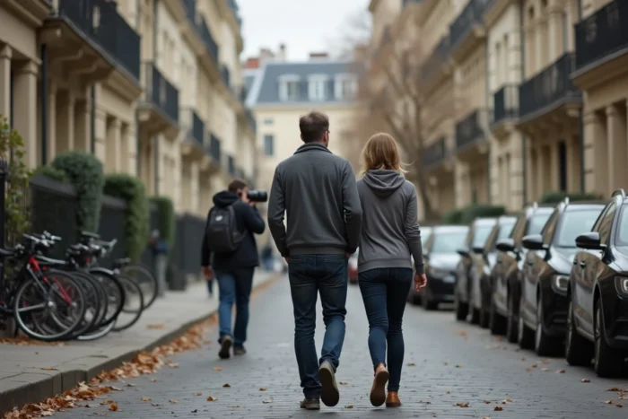 Couple se promenant dans une rue parisienne surveillé par un photographe de presse en arrière-plan, illustrant les limites de la vie privée des personnalités publiques