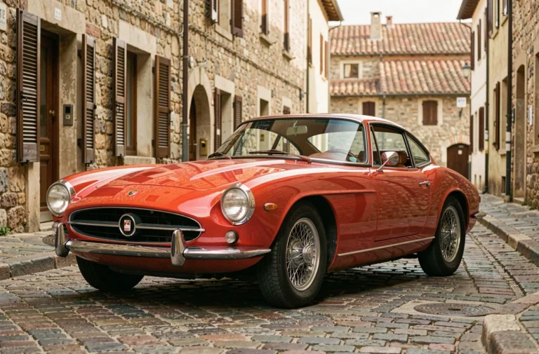 Voiture de collection italienne des années 60 garée sur un pavé de rue européenne avec détails chromés et carrosserie rouge lustrée