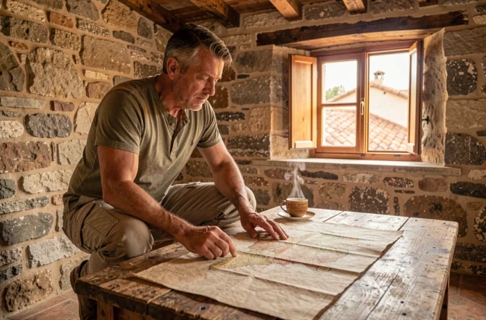 Voyageur étudiant une carte ancienne dans une maison d'hôtes en pierre pour planifier une aventure méditerranéenne