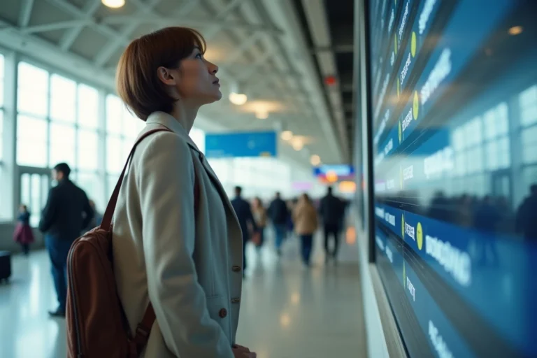 Voyageuse consultant le tableau des départs au terminal d'Orly avant son vol TUI fly