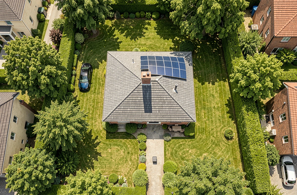 Vue aérienne par satellite d'une maison individuelle avec jardin, panneau solaires et allée visible depuis le ciel en haute résolution