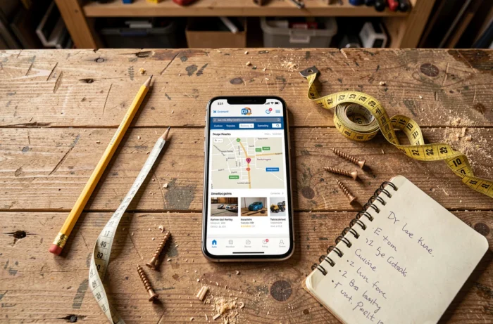 Vue de dessus d'un smartphone affichant le plan du site d'un site de bricolage sur une table d'atelier en bois